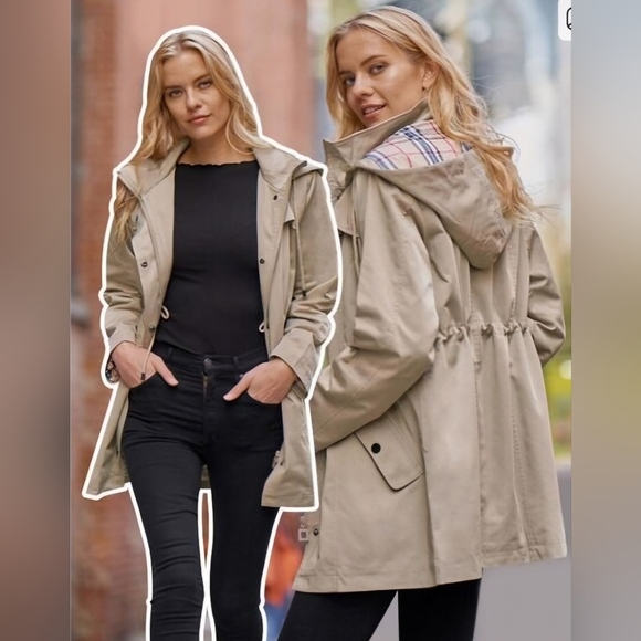 Waterproof Women's Beige Hooded Jacket - Raincoat Outdoor Windbreaker - Picture 9 of 13